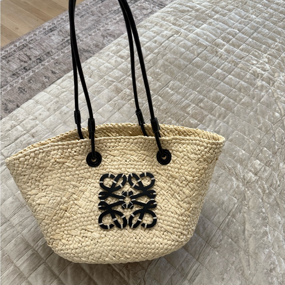 Loewe Beige Straw Tote with Black Detailing